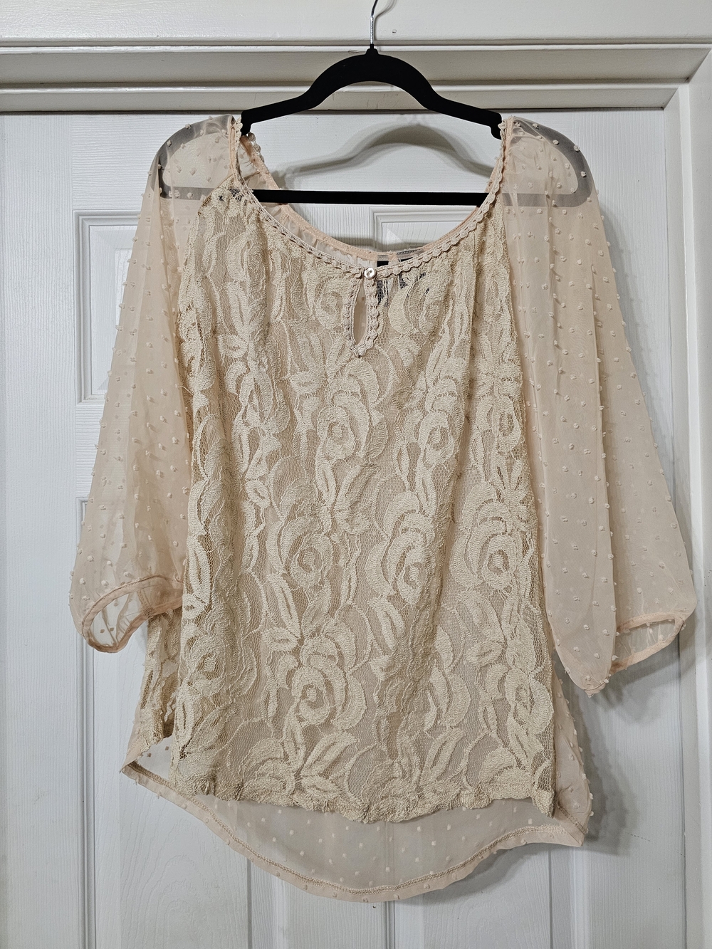 Women's Sheer Lace Overlay Blouse Peasant Top In Blush